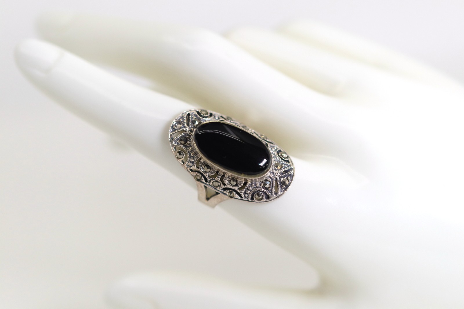 Sterling Silver Art Deco Ring 1915-1935 Onyx & Markasit, Oval, Gr. 57