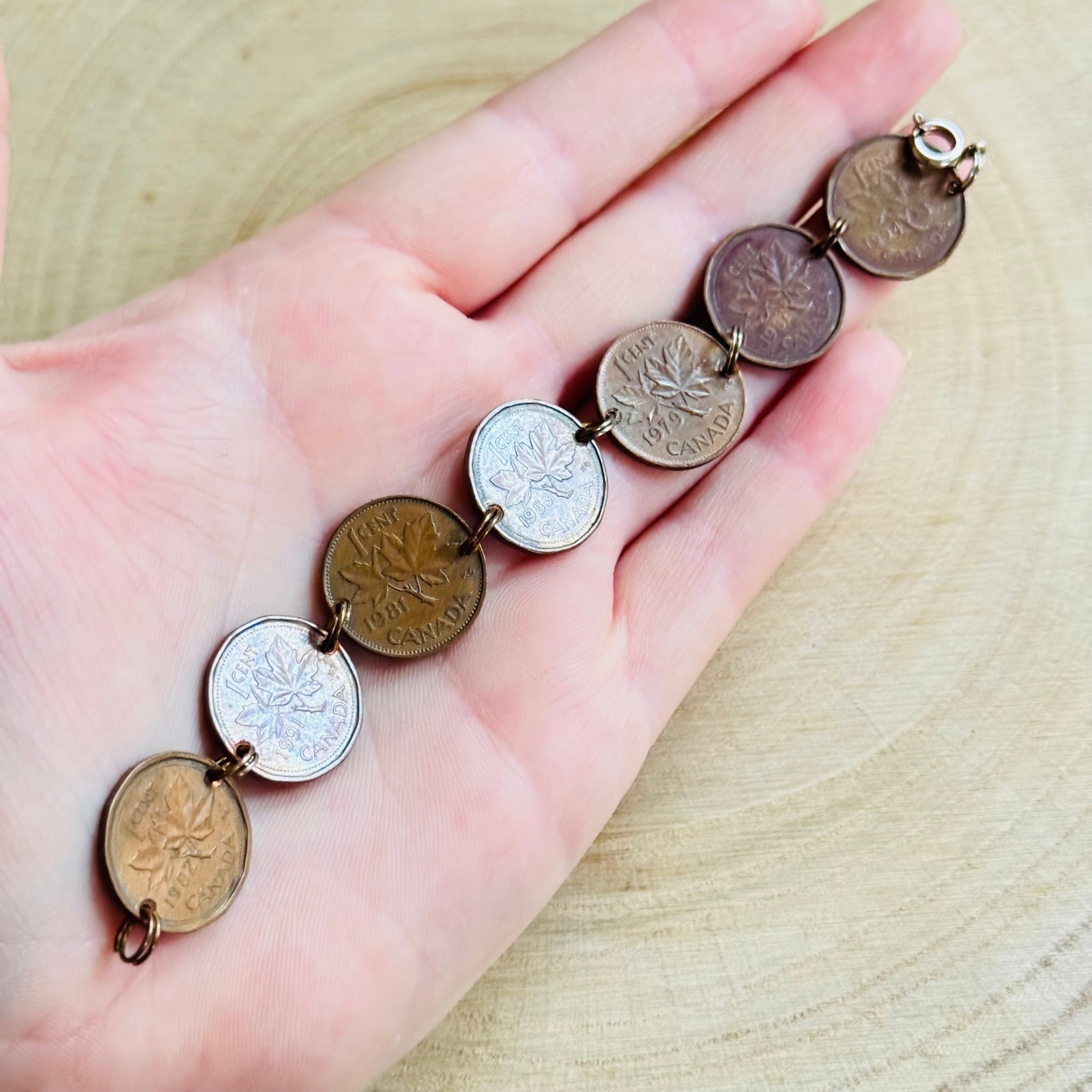 Coin Good Luck Canadian Penny Charm Bracelet VTG Retro link Coins Canada 70s 6″L