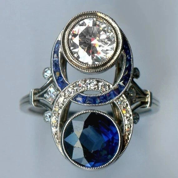 Vintage Timeless Art Deco Sapphire LabCreated Diamond Engagement 925 Silver Ring