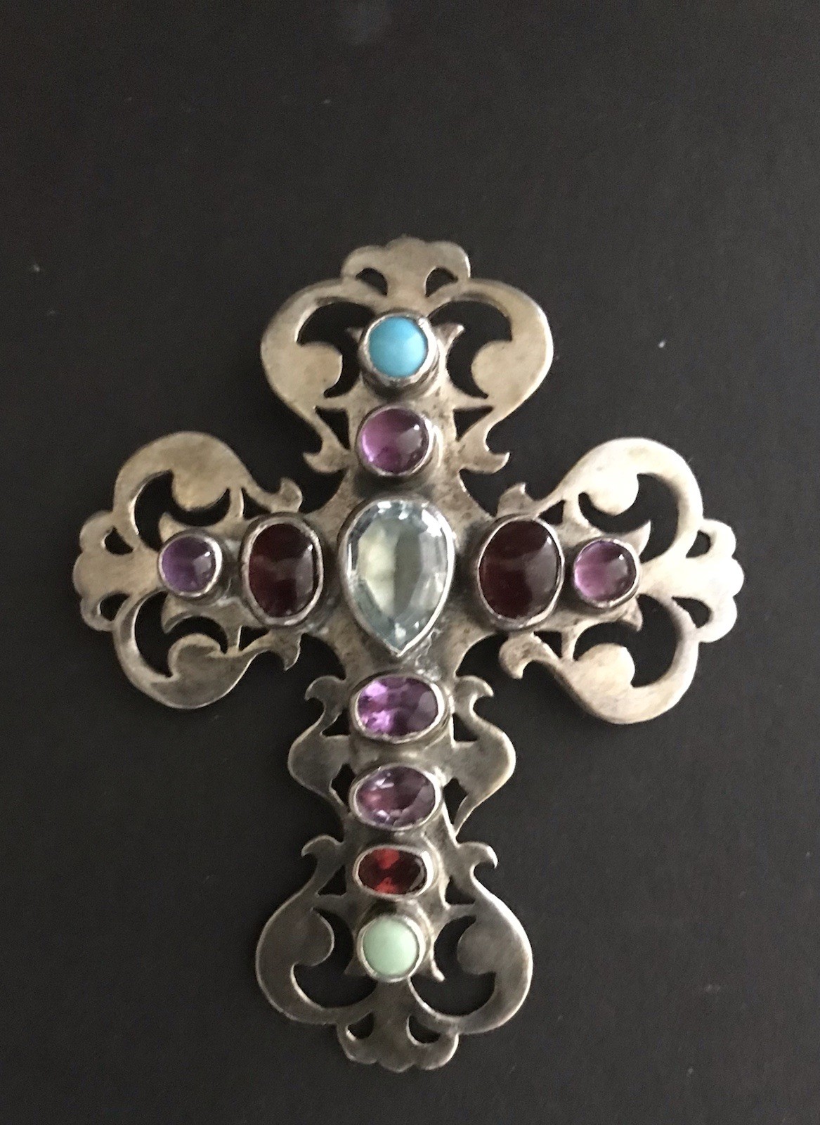 Vintage Nakai Navajo Sterling Cross 2 3/4”x2 1/4” pendant multi stone