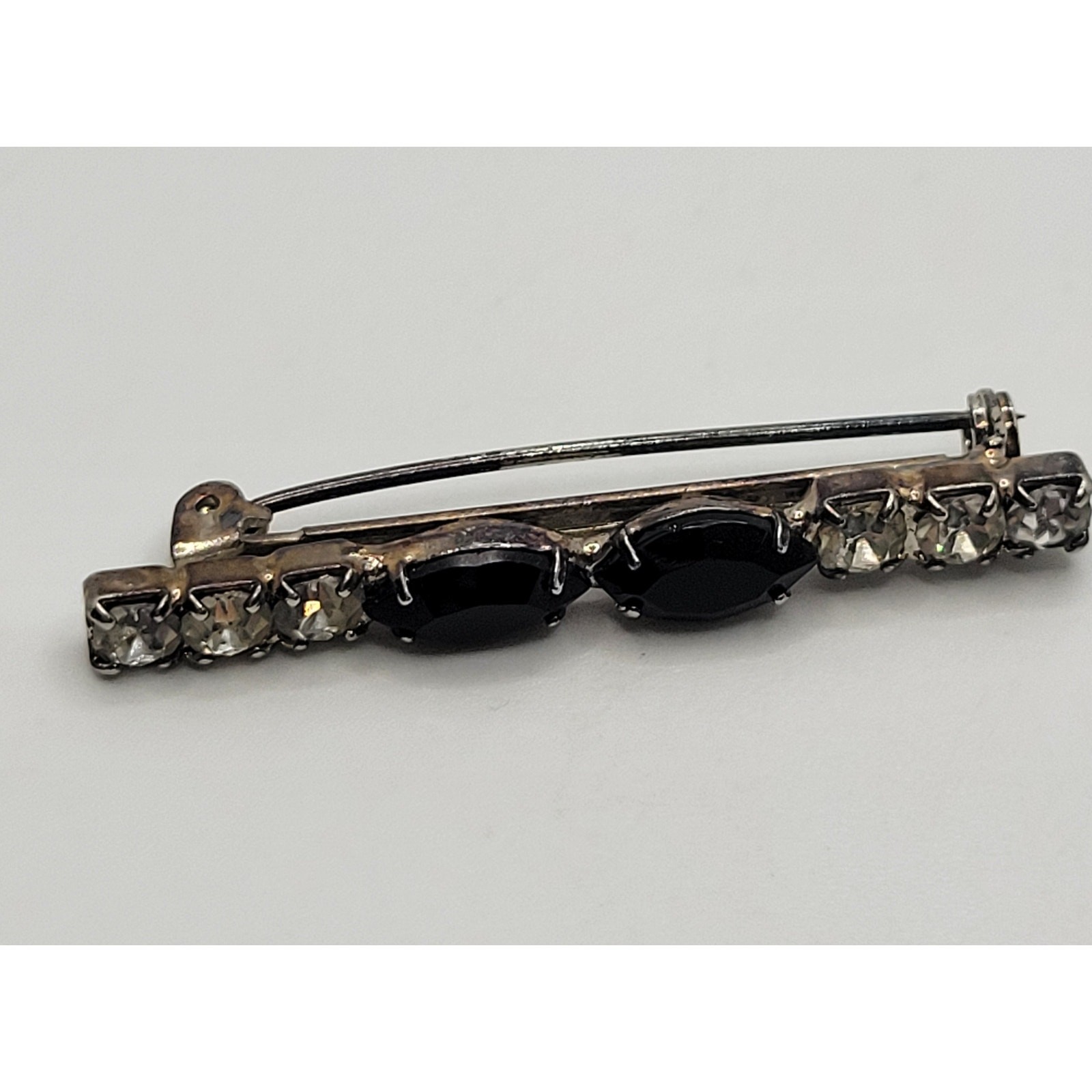 Vintage Art Deco Bar Brooch Pin Black Glass Navette Prong Set Rhinestone
