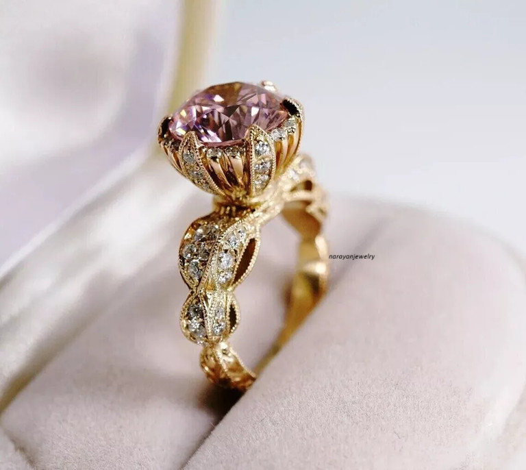 Edwardian Art Deco 3Ct Round Cut Pink Sapphire Women Ring 14K Yellow Gold Plated