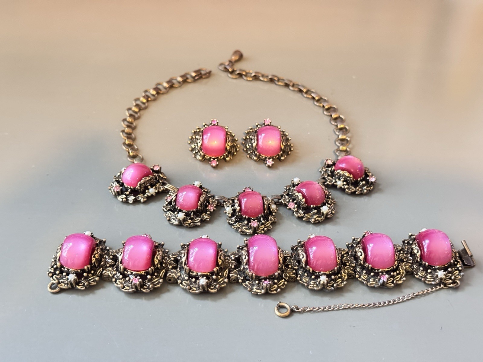 Vintage SELRO SELINI Baroque Necklace, Bracelet & Earring Set, Pink Moon Glow