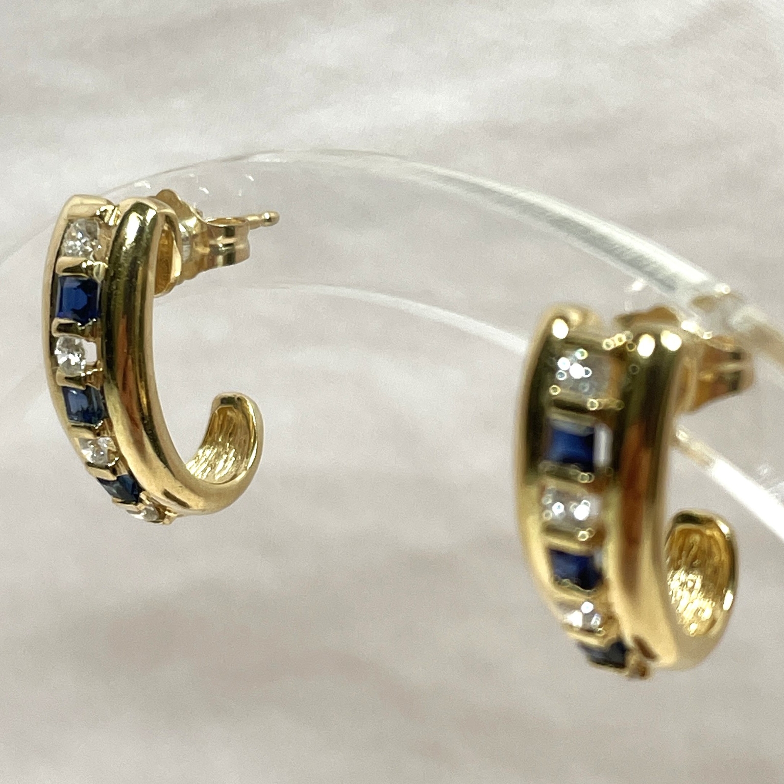 Vintage 14KY Gold .21TCW Diamond and .28TCW Sapphire Half Hoop Earrings, Estate