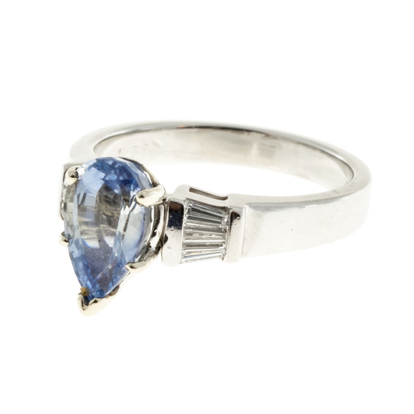 Vintage 2.62ct Fancy Light Blue Pear Sapphire Platinum .18ct Taper Diamond Ring