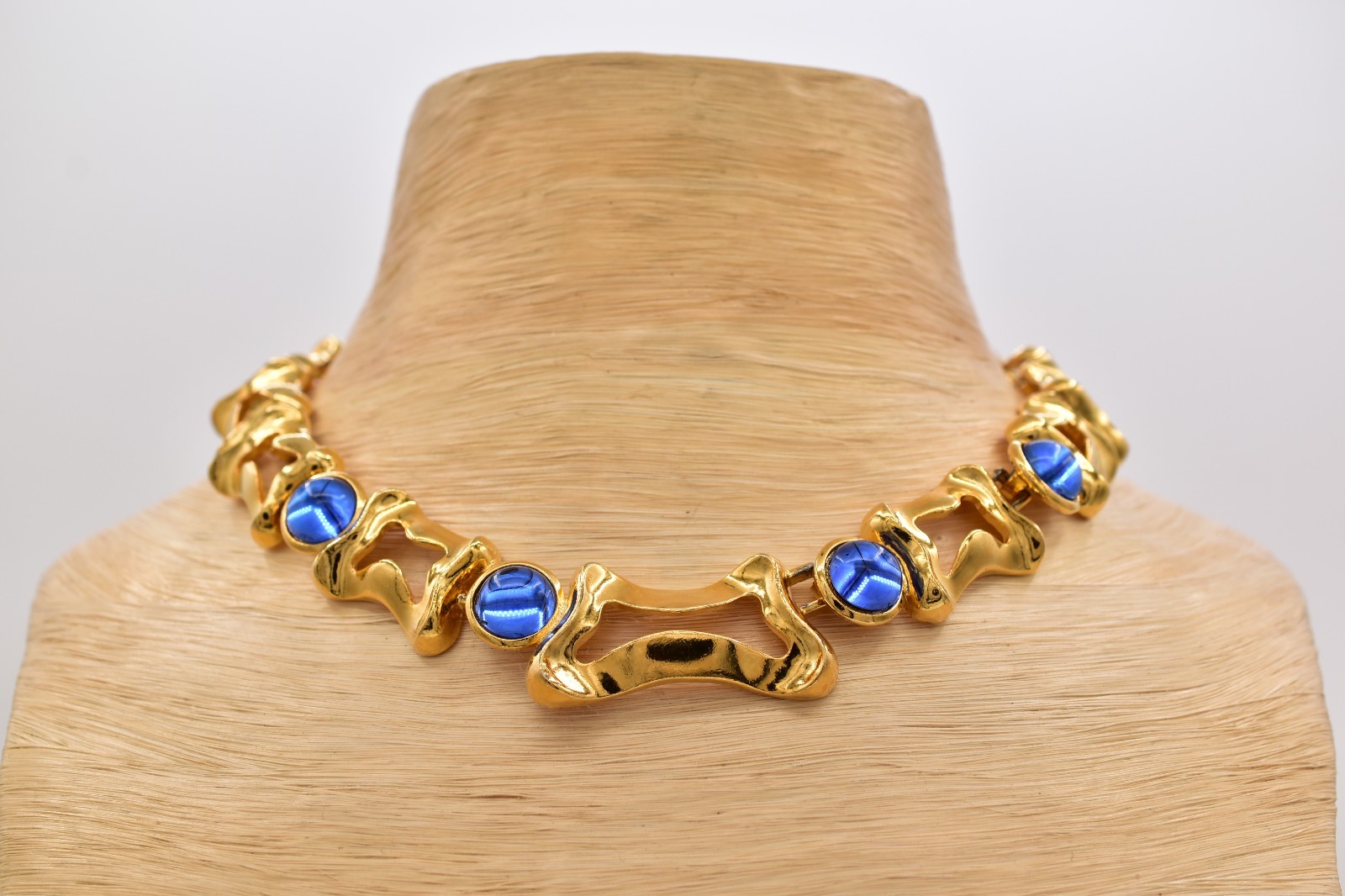 Vintage Gold Blue Cabochon Statement Collar Necklace Modernist Sculptural BinBM