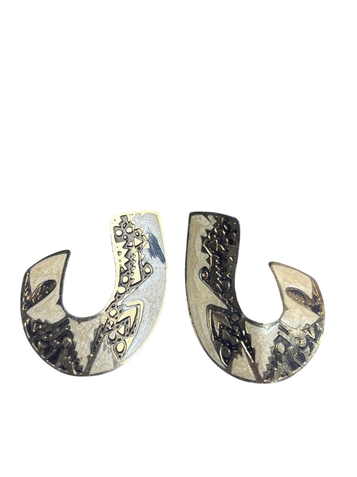 Vintage Southwestern Boho Earrings Goldtone Cream Enamel 2.25 inches Flawed