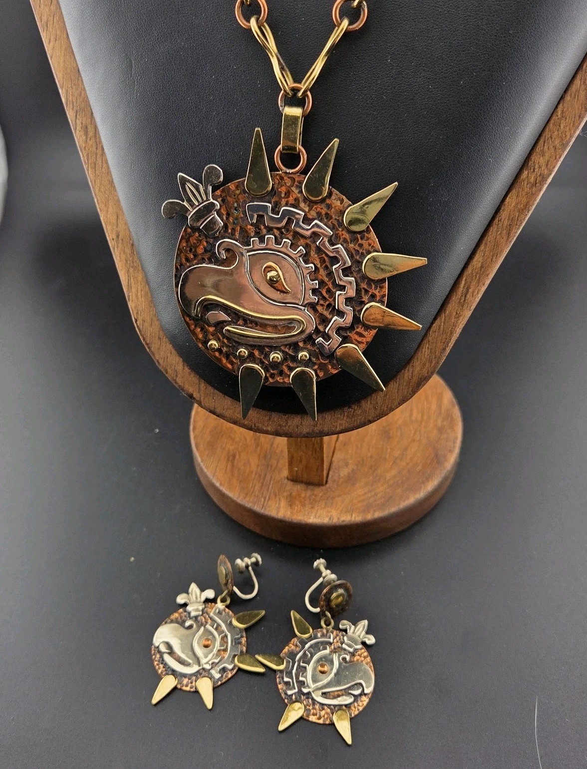 Vintage Mixed Metal Eagle Bird Sun Medallion Pendant Necklace and Earrings