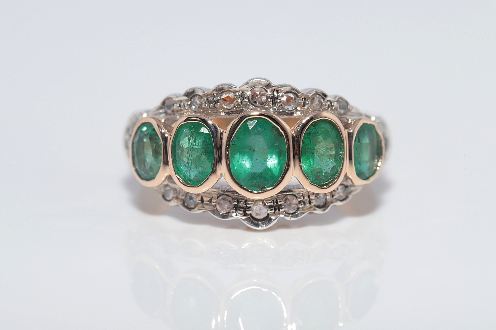 Antique 14k Gold Top Silver Natural Rose Cut Diamond And Emerald Ring