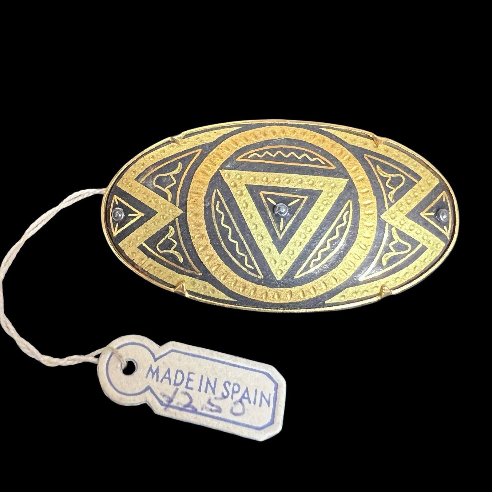 Vintage Toledo Damascene Brooch 24k Gold Inlay Spain Black Geometric Pin
