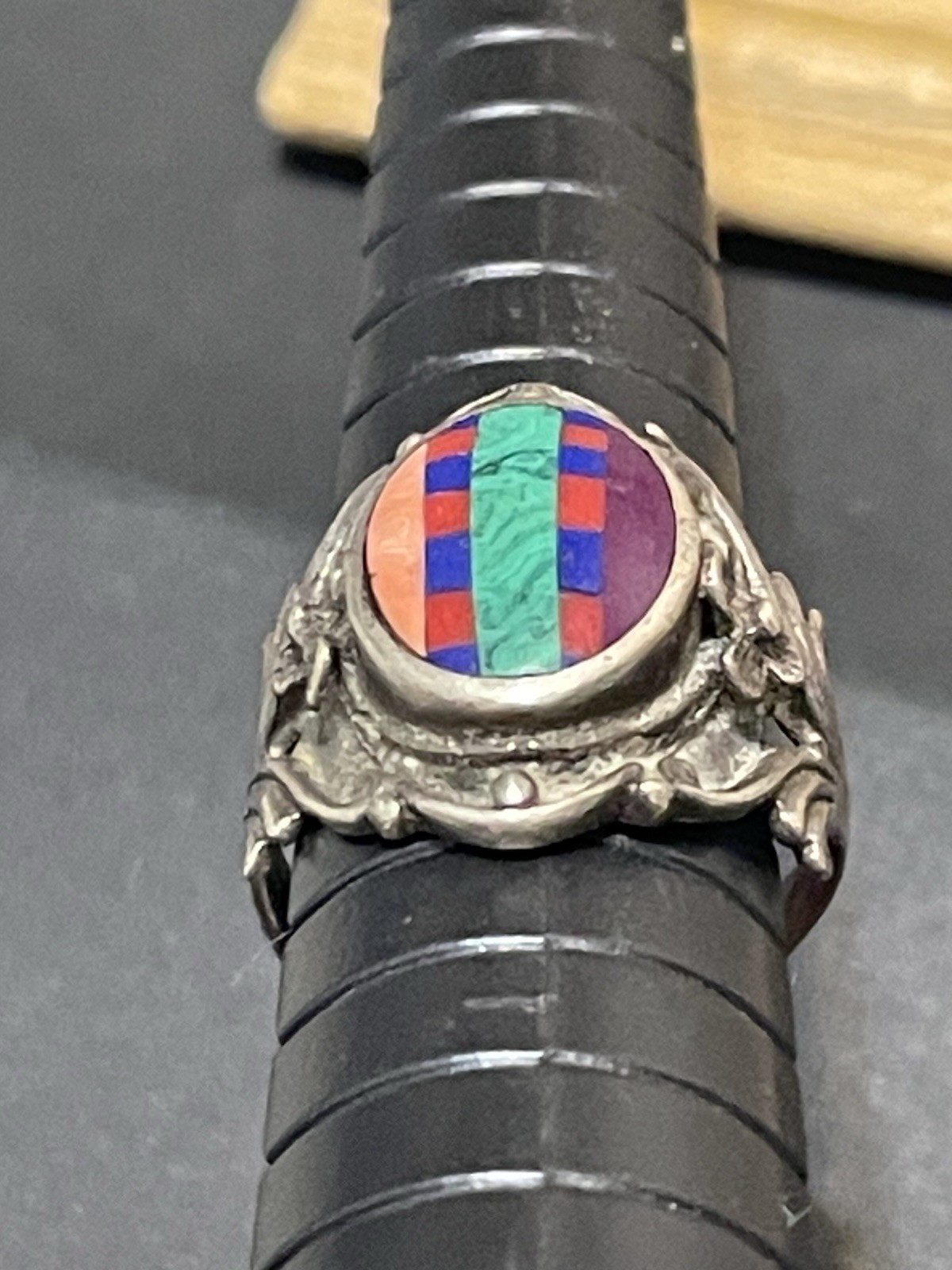 Vintage Sterling Natural Multi Stone Inlaid Statement Ring Floral Sz 6 4.55g