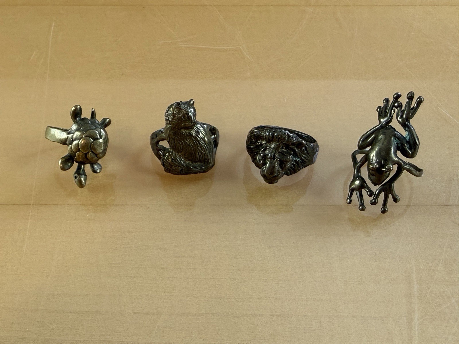 Vintage Solid Brass Handmade Animal Rings Frog Lion Cat & Turtle Artisan Art Lot