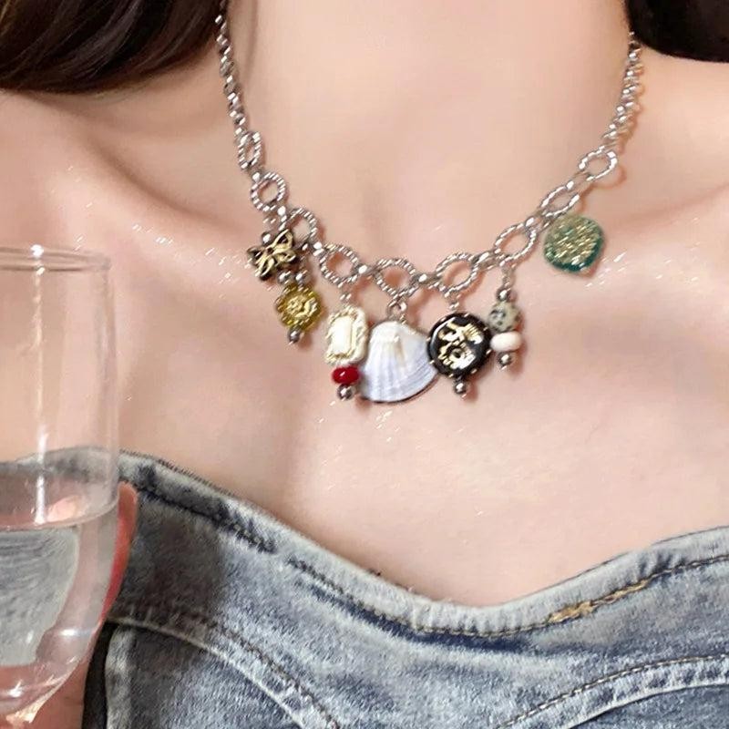 Vintage Zinc Alloy Rhinestone Butterfly Shell Choker Necklace with Tassel
