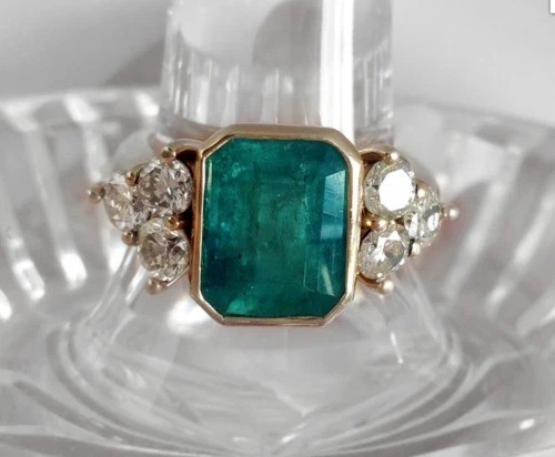 Art Deco Green Emerald Lab Created Diamond Wedding 14K Yellow Gold Finish Ring