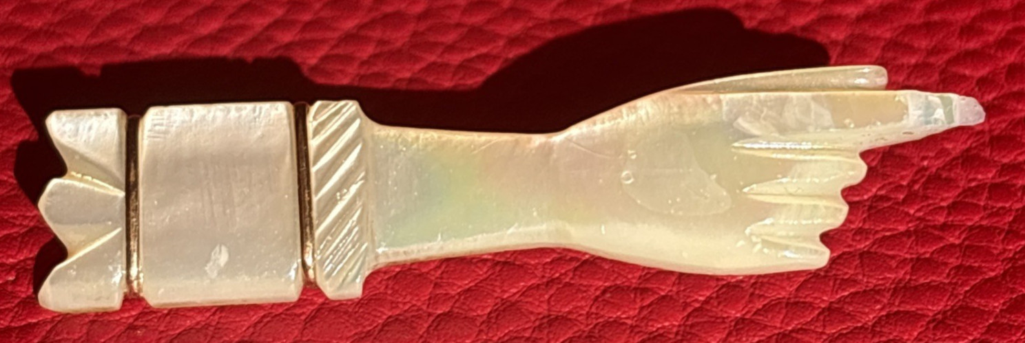 Mother Of Pearl Nacre Manicule Pointing Hand 2″ Brooch Pin w Gold Accents