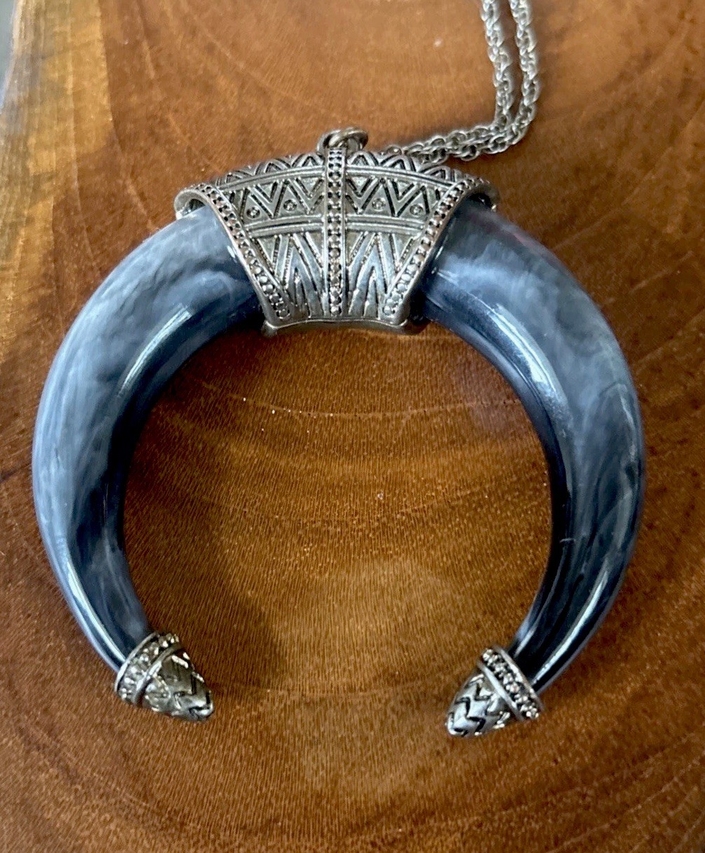 Vintage Glass Grey Marbled Crescent Moon 36” Chain Hardware On Moon Silver?