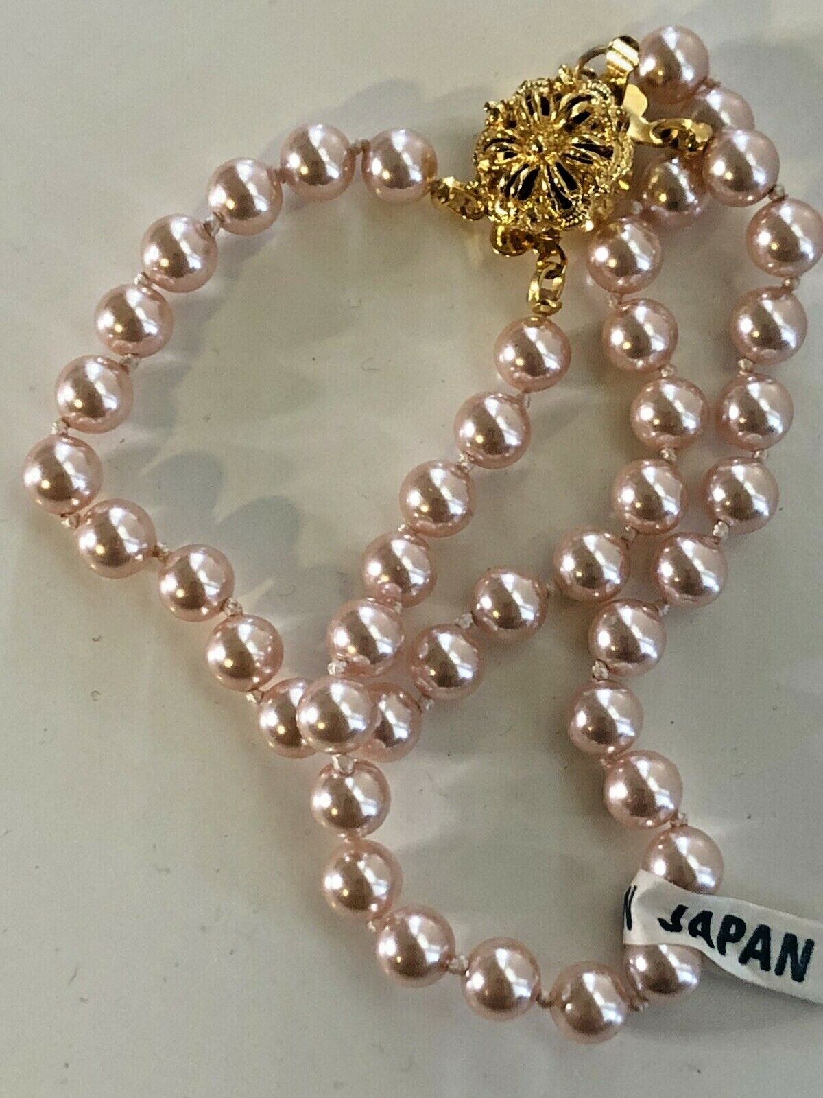 NOS Vintage 6mm Faux Pink Pearl Beads w/Gold Tone Knotted Bracelet Clasp 7.5″