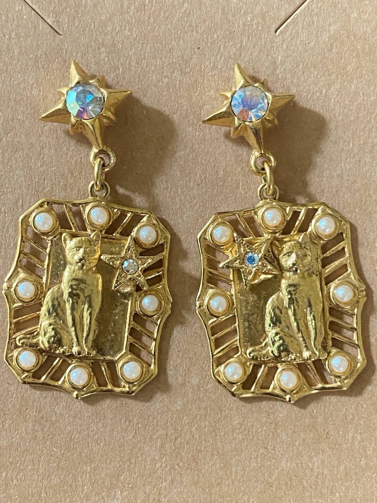 Vintage Celestial Cat Earrings Gold Tone AB Rhinestone Faux Pearl Witchy