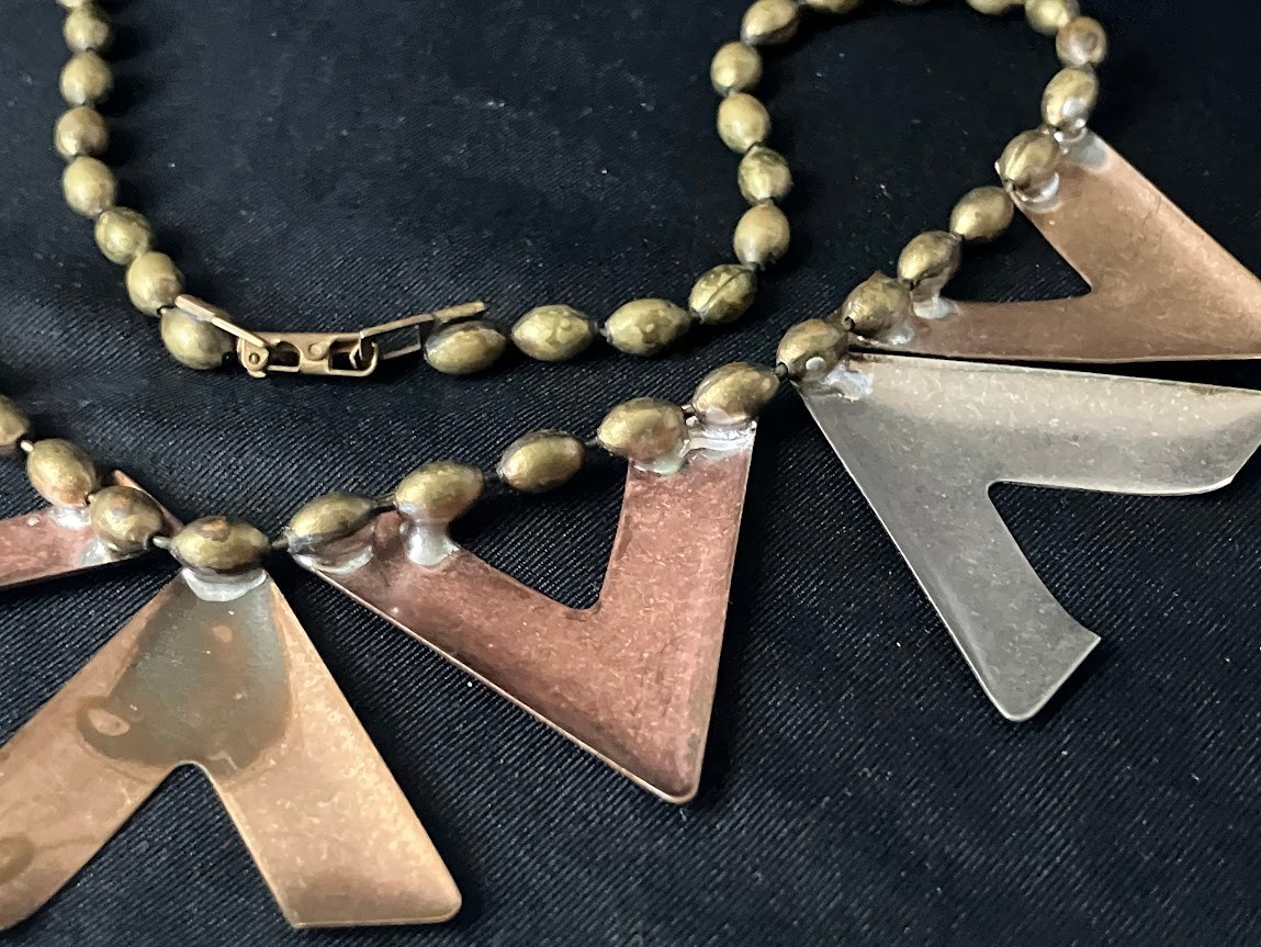 Vintage Mixed Metal Triangle Necklace Bold Modernist Geometric Chevron