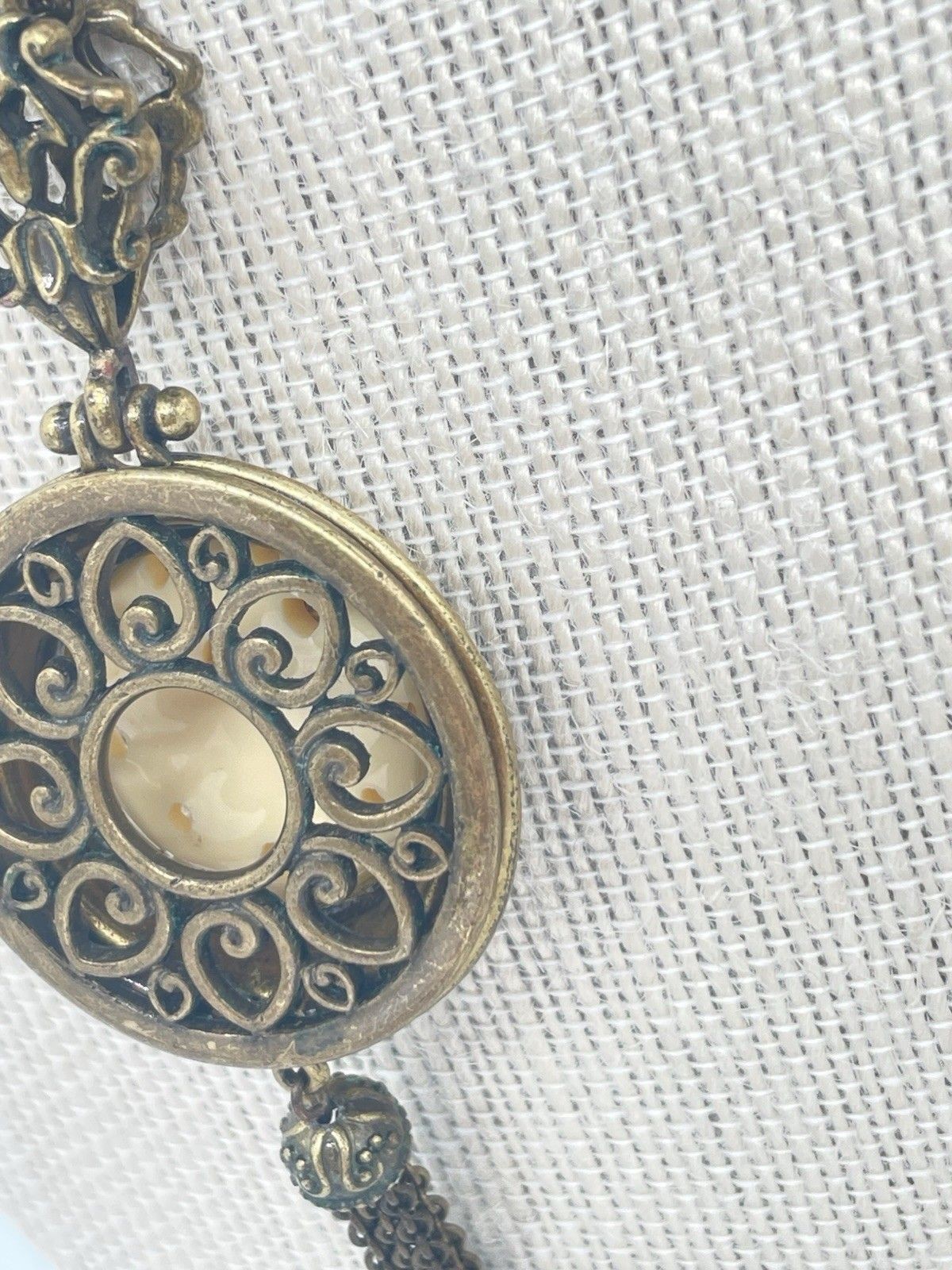 Victorian Revival Necklace Antiqued Brass Ruby Red Beads Pendant Dangle