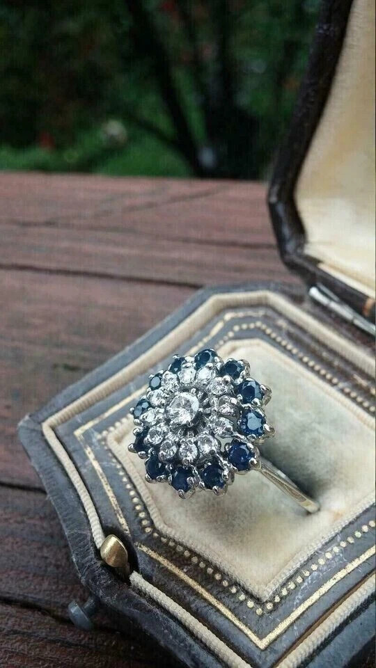 Art Deco Vintage Style Lab Created Diamond & Sapphire Engagement 925 Silver Ring