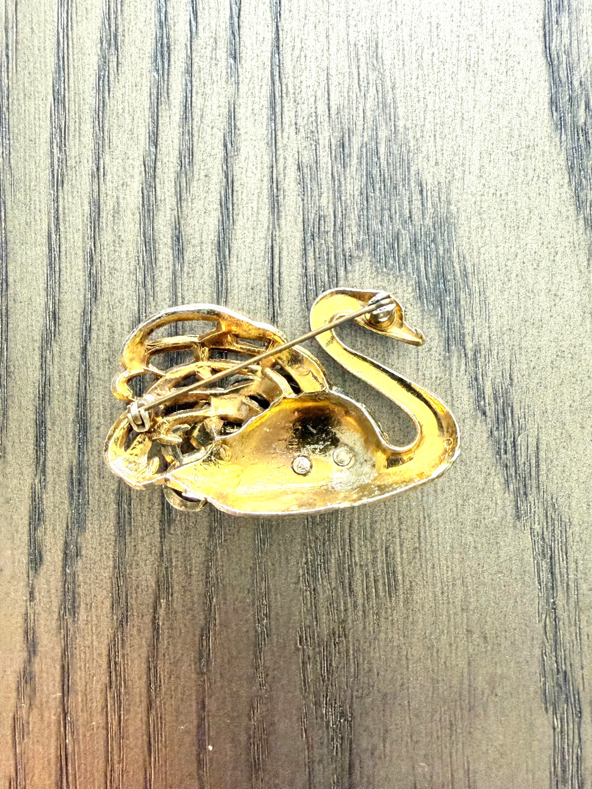 Rare Vintage Gold Tone Swan Bird Brooch Pin Stones Deco Jewelry