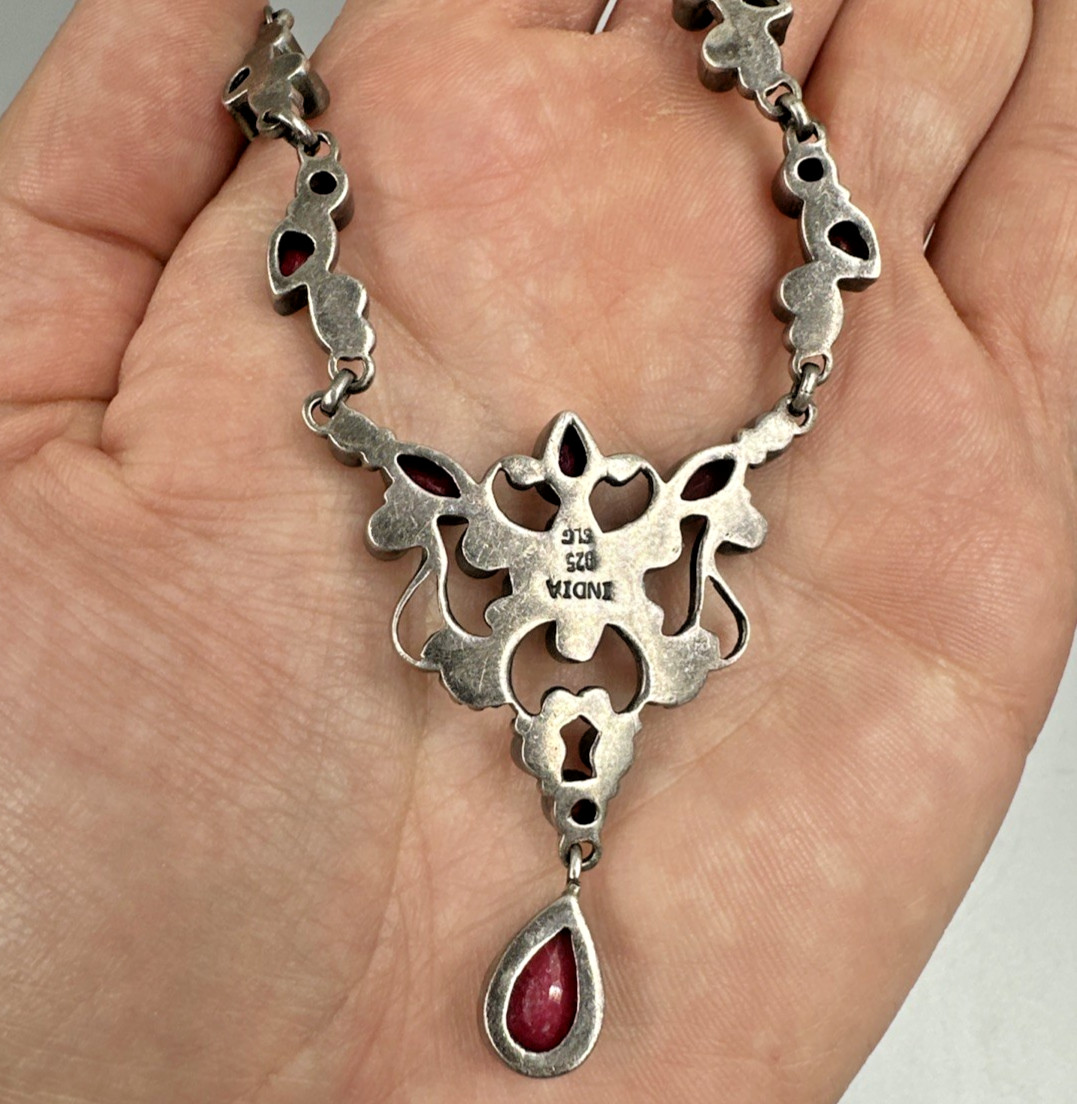 SLG Sterling Silver Necklace Natural Ruby Cluster Y Pendant 3″ Drop 18.5″ 21.60g