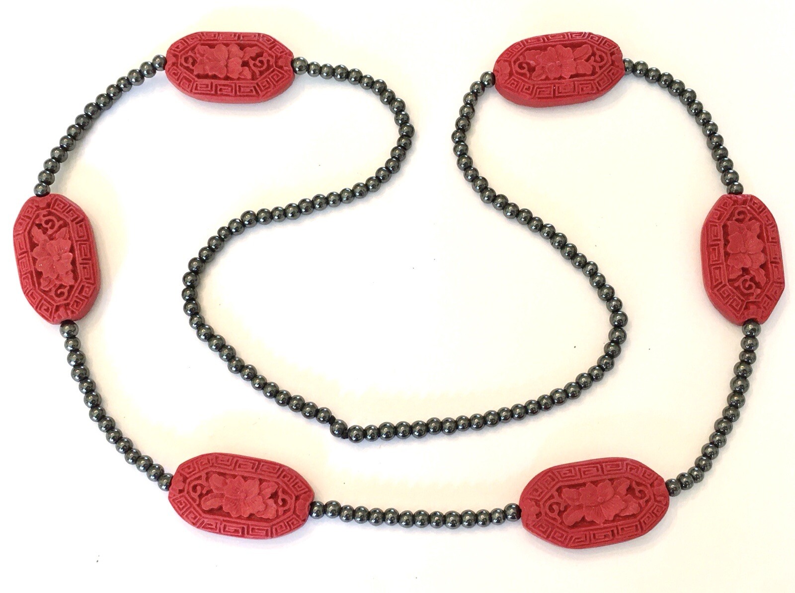 Vintage ~ Rectangular Carved CINNABAR ~ Hematite Bead ~ 31” Necklace