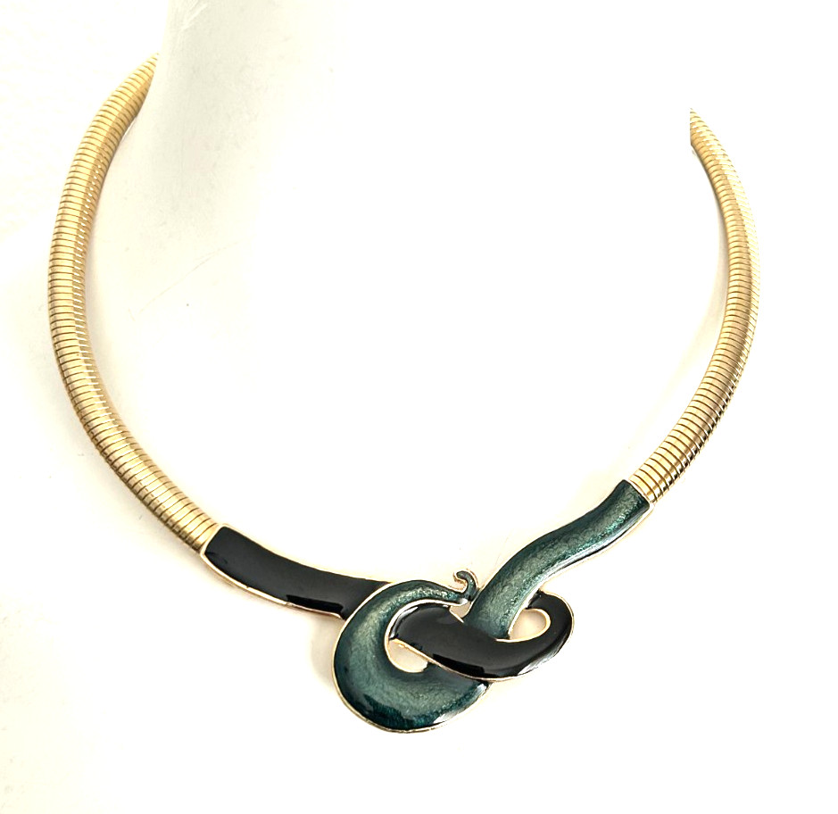 VTG 80s Gold Tone Enamel Choker Necklace Green Black Modernist Statement Collar