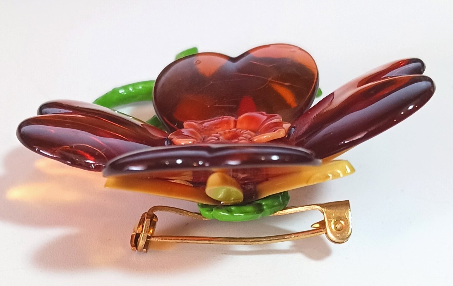 Vintage Orange, Yellow & Green Plastic (Cellulose Acetate?) Flower Brooch