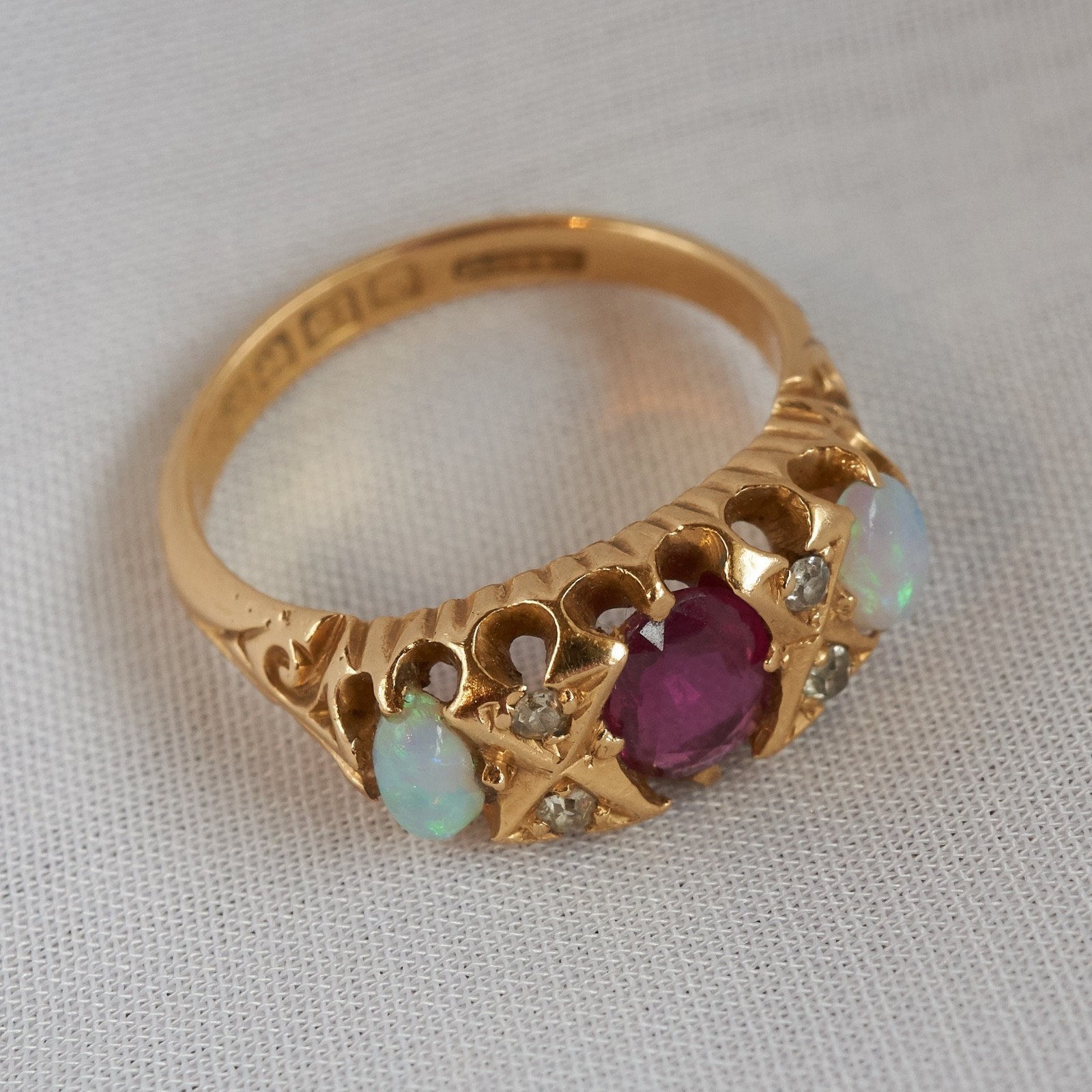 Vintage 18K Solid Gold Opal Diamond Ruby Ring, Made in England 1930, GIA Cert.