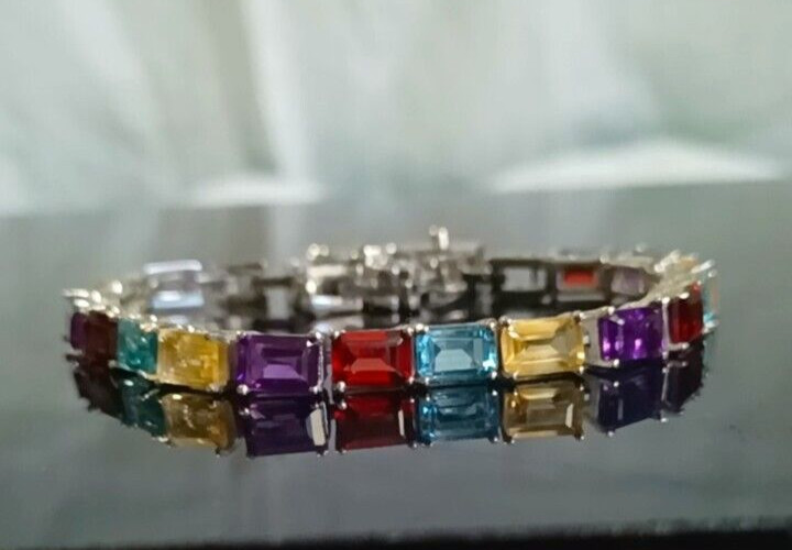 Rainbow Multi Gemstone Handmade Bracelet 925 Sterling Silver Women Bracelet Gift