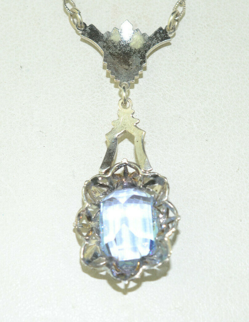 VINTAGE 15″ STERLING SILVER NECKLACE WITH LIGHT BLUE GLASS PENDANT & FANCY CHAIN
