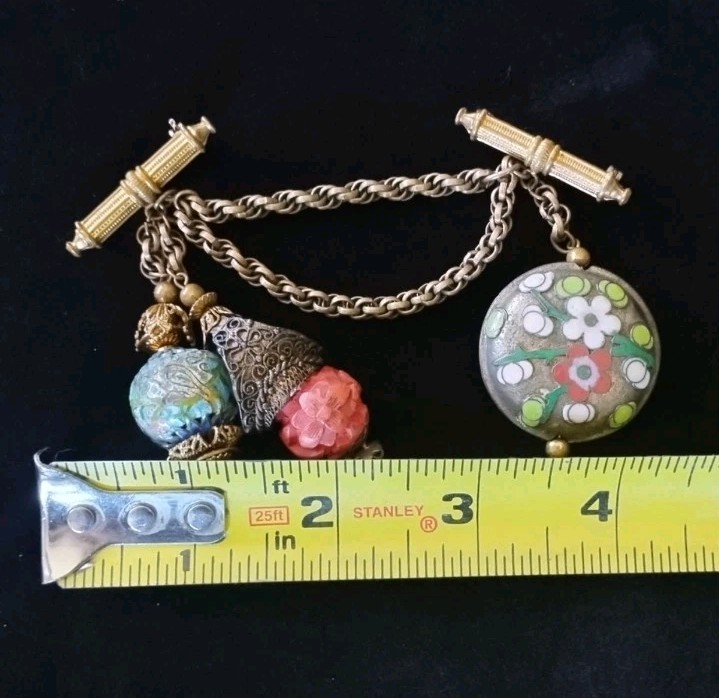 Rare Vintage Chinese Export Chatelaine Brooch W 3 Fobs Cloisonne Cinnabar