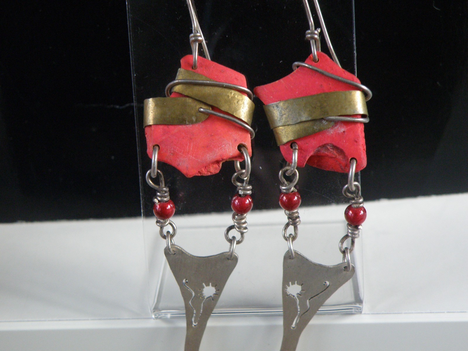 Vintage Artist Signed Coral Modernist Long Costume Statement Earrings