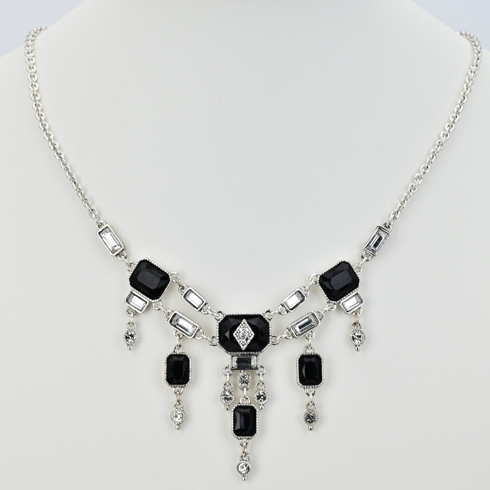 Original Vintage Designer Silver Onyx Zirconia Rhinestone Gemstone Necklace