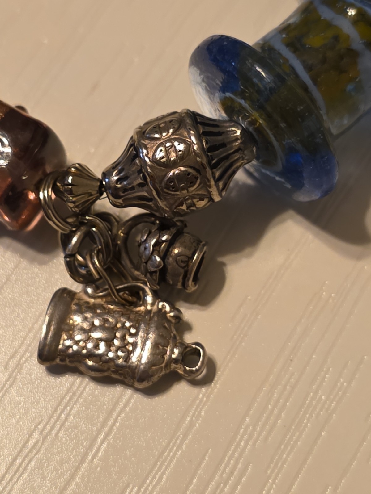 Vintage Bracelet With Sterling Silver Charms And Glass Beads 7.5″ Long