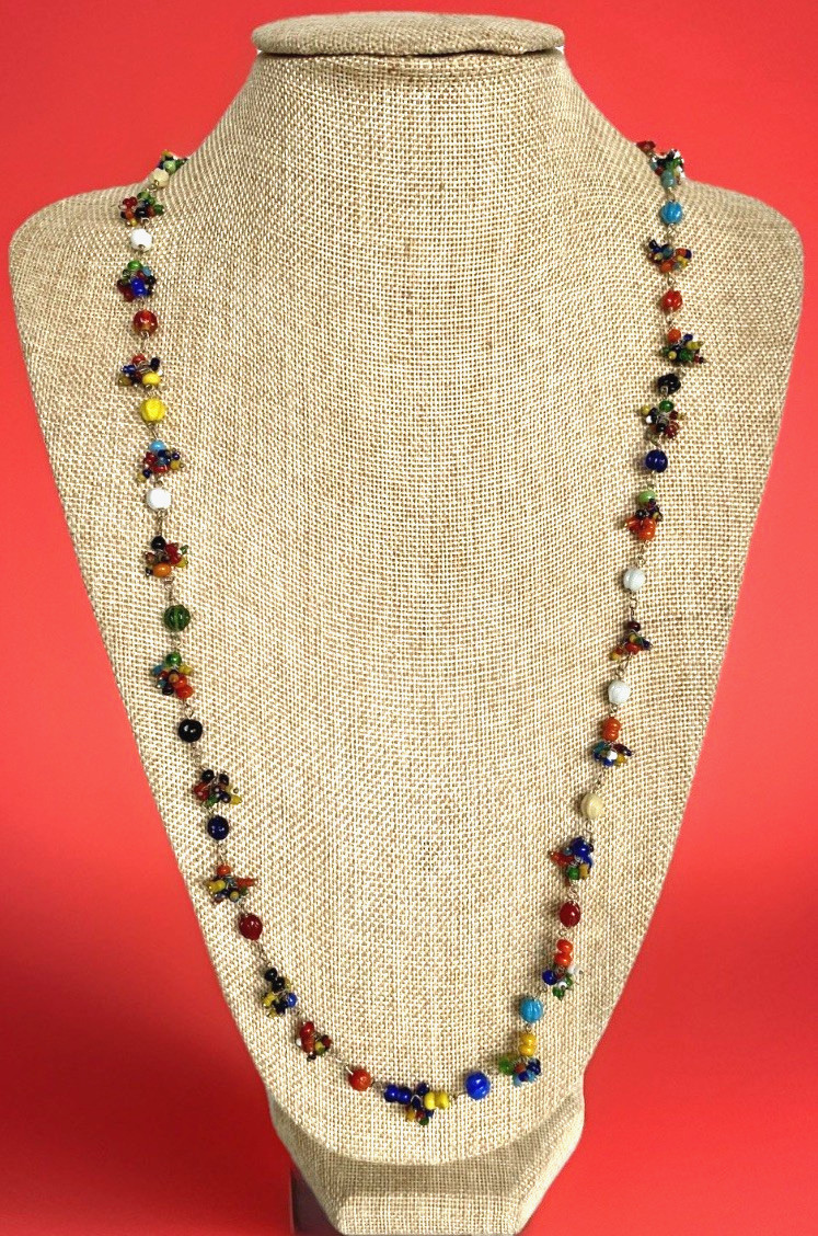 Antique Art Deco/Flapper Multi-Color Art Glass Bead Necklace, 30″ Long