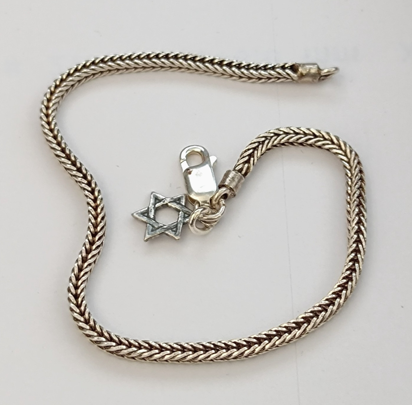 Silver Braided Chain Bracelet Star Of David Charm Boho Vintage Patina Men Women