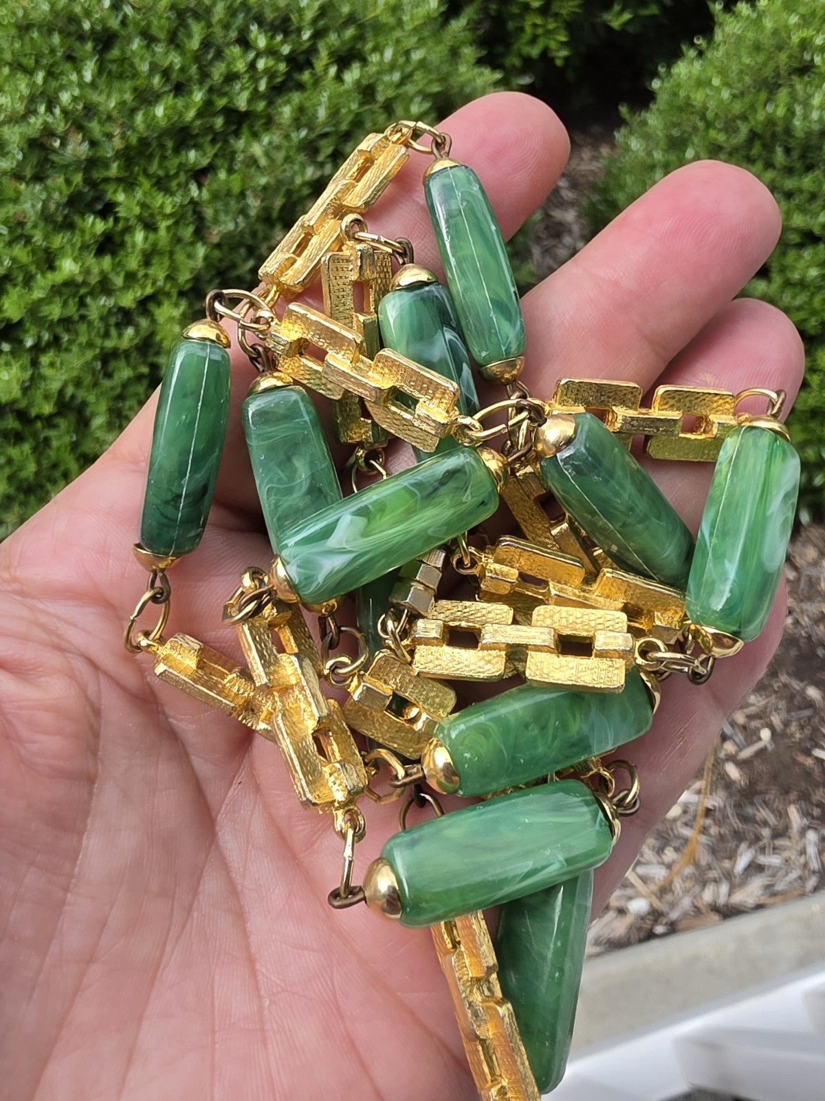 Vintage Asian Export Green Faux Jade Lucite Long Necklace Geometric Links 36.5″