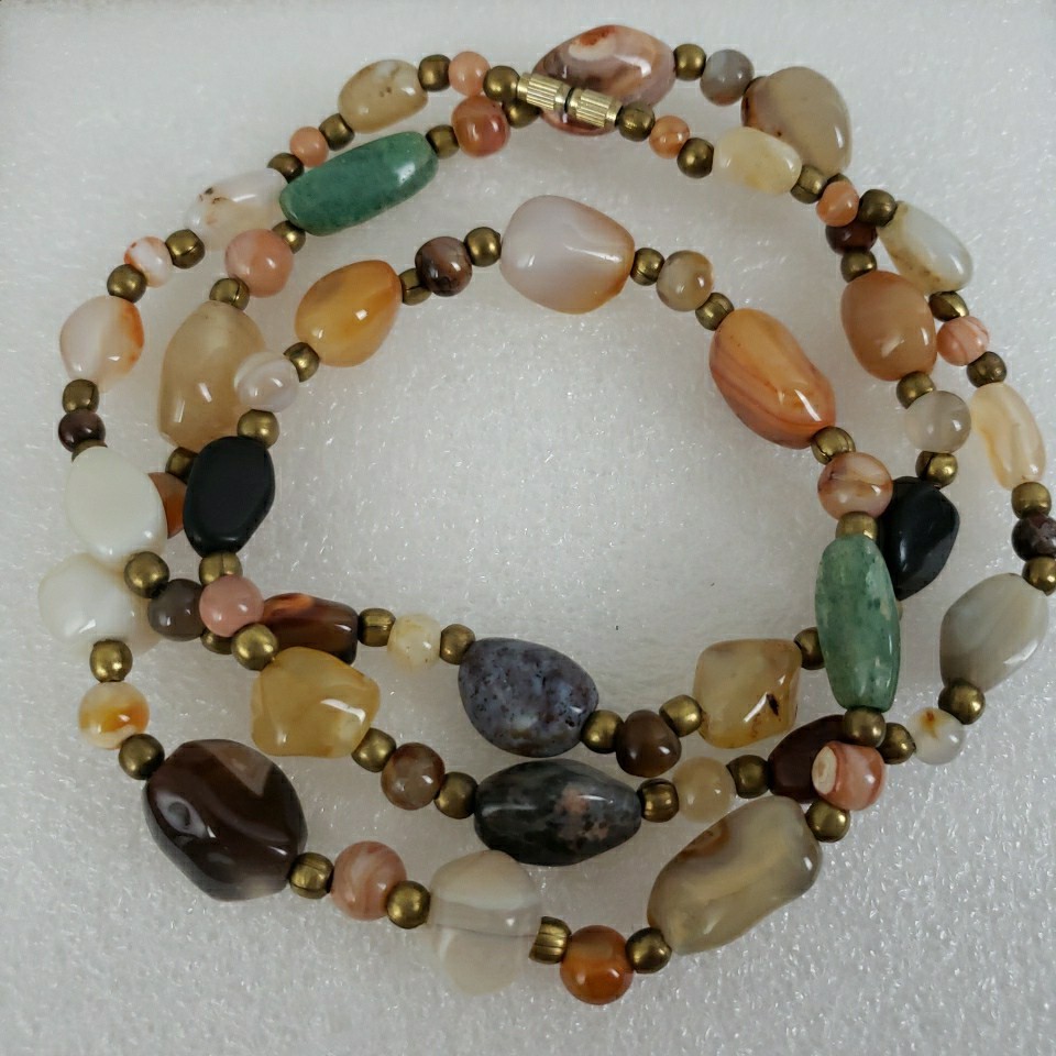 VTG Multi Polished Gemstone Agate Necklace 35″ Brass Barrel Closure Chunky