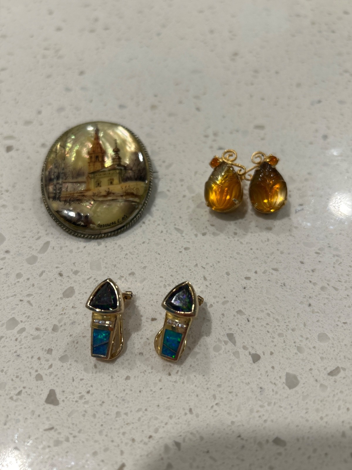 Russian Miniature Lacquer Brooch, Amber Glass Enamel Clip Earrings, Inset Clip