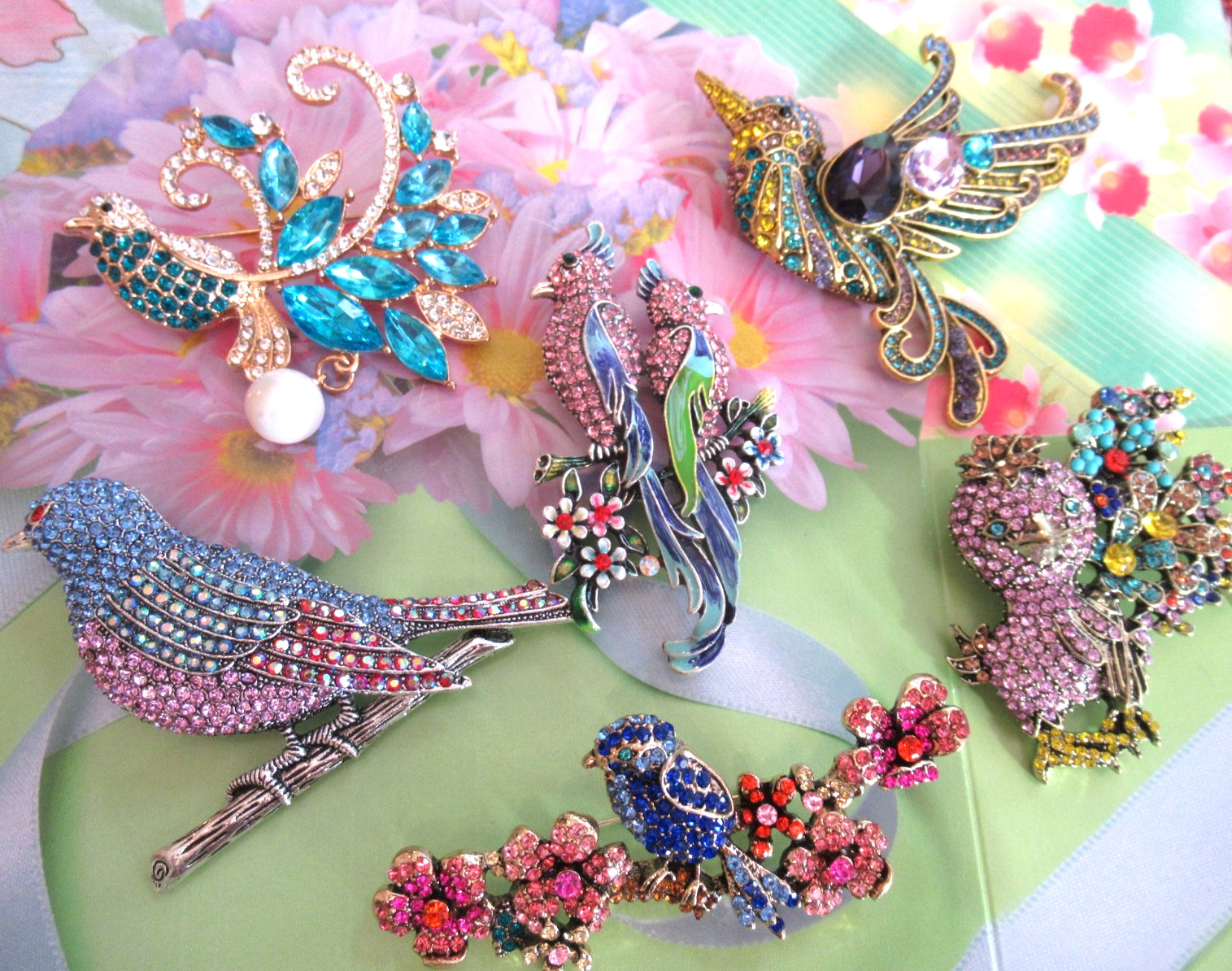 Statement LARGE Brooch BIRDS Large Rhinestone Crystal Enamel NEW