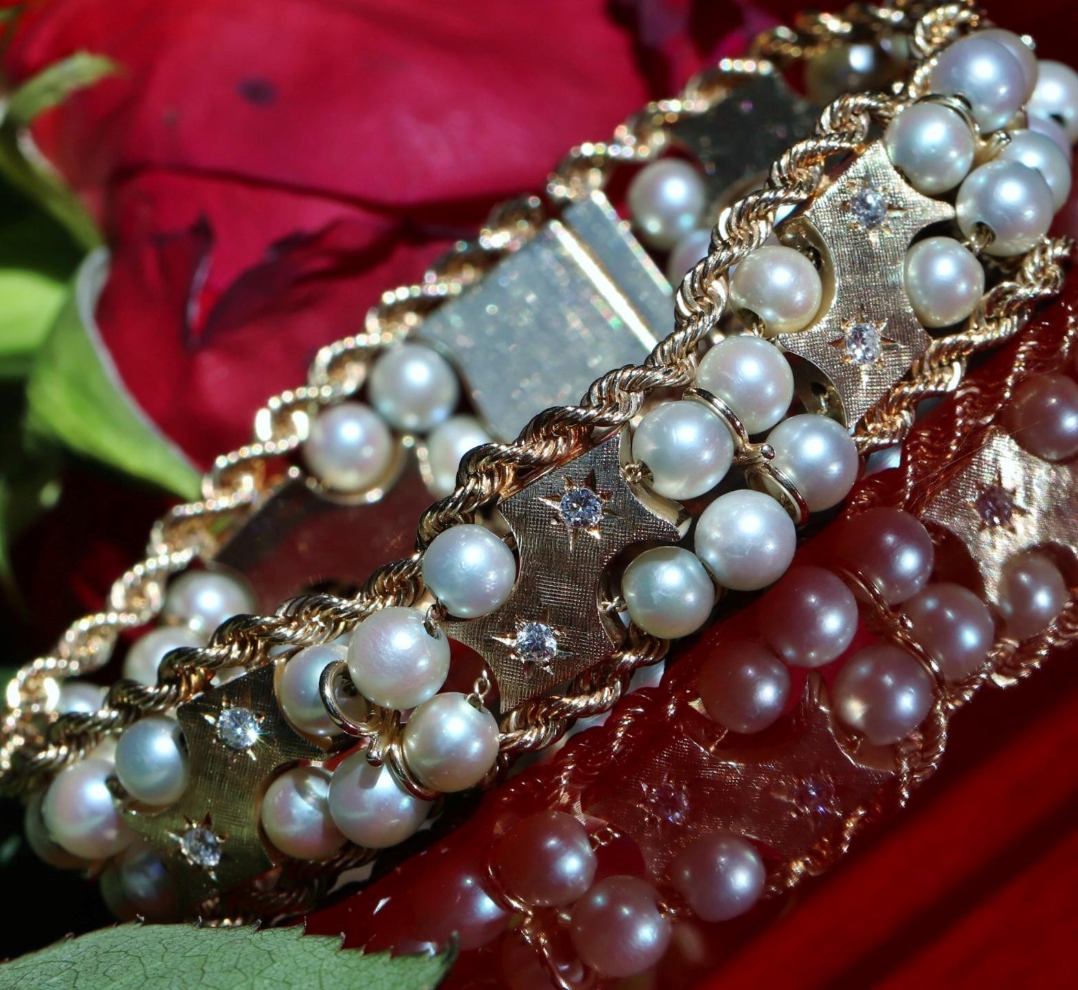 14k yellow gold bracelet 5-5.5mm cultured pearl 0.5ct diamond 7.5″ antique 43.0g