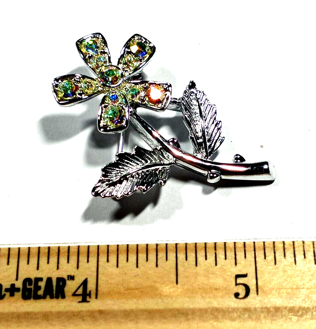 Vintage Exquisite Silver Color and AB Rhinestones 1 & 1/2″ PETUNIA Brooch