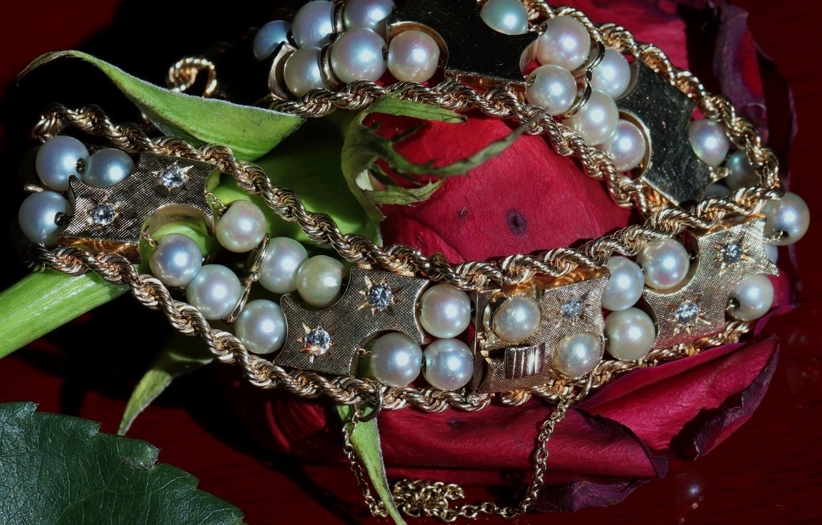 14k yellow gold bracelet 5-5.5mm cultured pearl 0.5ct diamond 7.5″ antique 43.0g