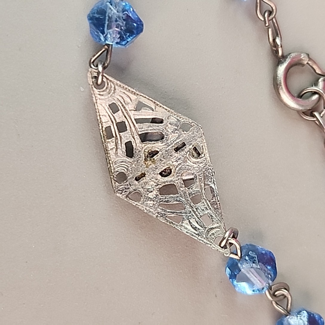 Vintage Art Deco Necklace Bracelet Set Blue Glass 16″