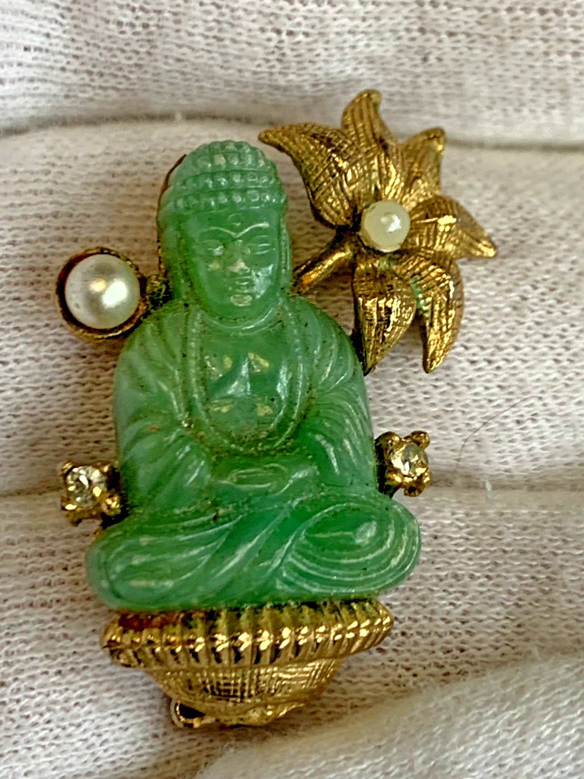Vtg Jade Buddha Brooch Fashion Jewelry Pearl & Clear Stones Pin *READ*