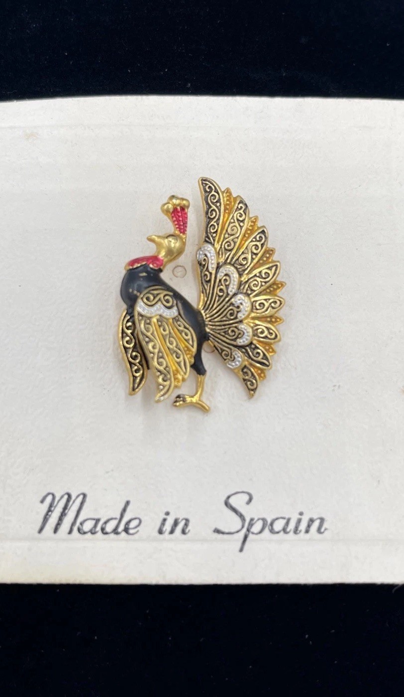 Vintage Damascene Peacock Gold Tone & Enamel Brooch Pin Made In Spain