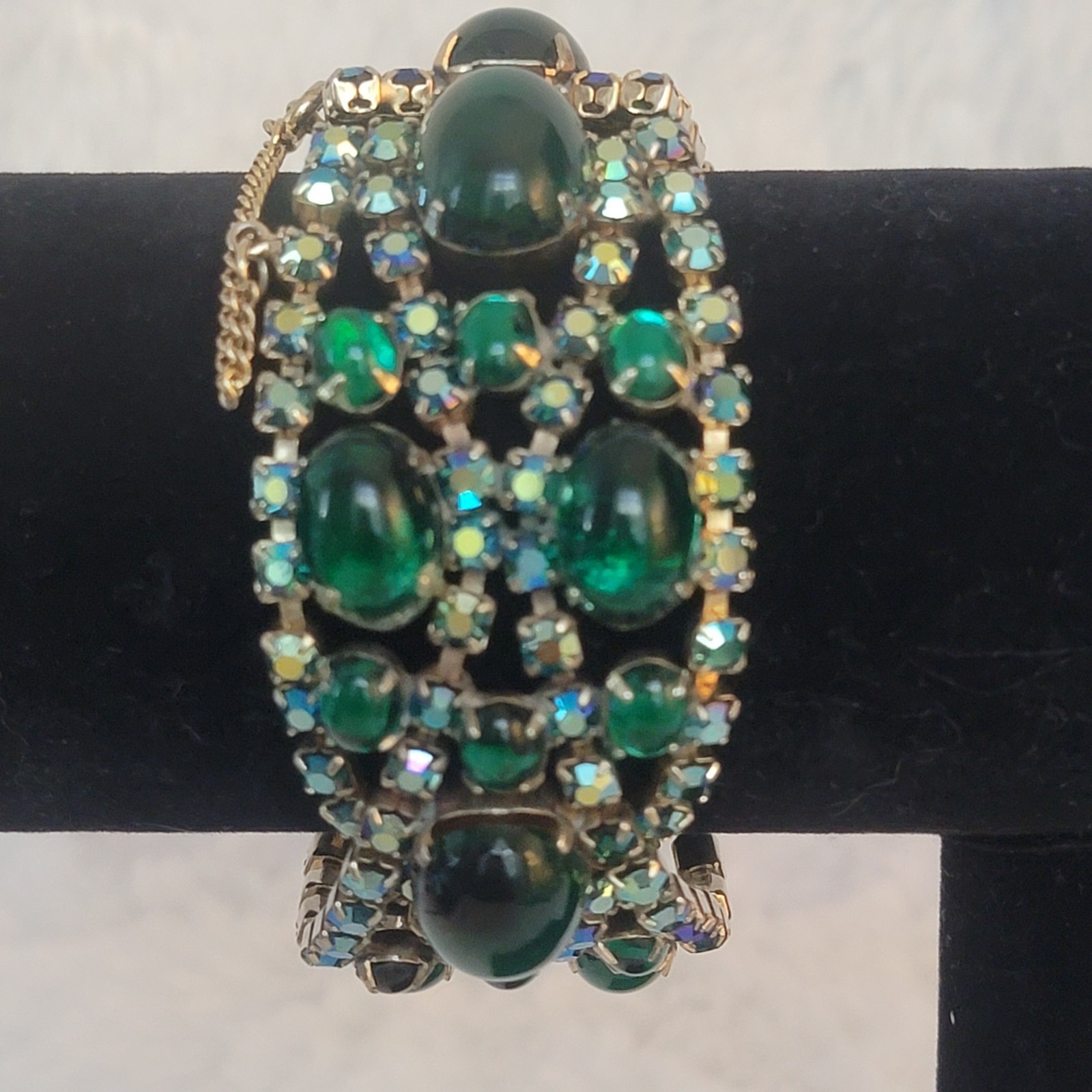 Alice Caviness Bracelet Wide Green Cabochon Glass Crystal AB Rhinestones EUC